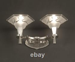 Maynadier/degue Pair of Double Wall Sconces Art Deco Bronze and Molded-Pressed Glass