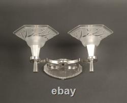 Maynadier/degue Pair of Double Wall Sconces Art Deco Bronze and Molded-Pressed Glass
