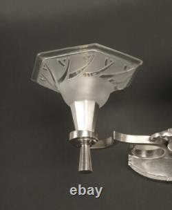 Maynadier/degue Pair of Double Wall Sconces Art Deco Bronze and Molded-Pressed Glass