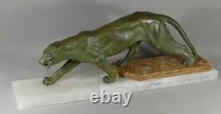 Metal Art Deco Panther At Bronze Patina, Onyx Base, 1930s