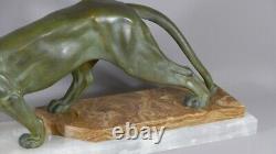 Metal Art Deco Panther At Bronze Patina, Onyx Base, 1930s