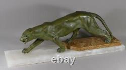 Metal Art Deco Panther At Bronze Patina, Onyx Base, 1930s