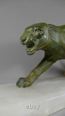 Metal Art Deco Panther At Bronze Patina, Onyx Base, 1930s