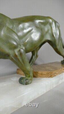 Metal Art Deco Panther At Bronze Patina, Onyx Base, 1930s