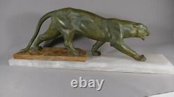 Metal Art Deco Panther At Bronze Patina, Onyx Base, 1930s