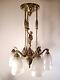 Muller Chandelier Art Deco Bronze Brothers And Pressed Glass Tulips 1925