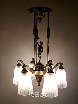 Muller Chandelier Art Deco Bronze Brothers And Pressed Glass Tulips 1925