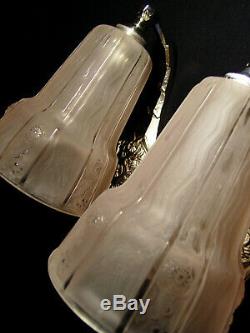 Muller Freres Dappliques Pair Art Deco Bronze Pressed Glass Nickel & Tulips