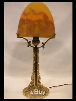 Muller Freres Large Lamp Bronze Golden Pate Glass Art Deco Lamp