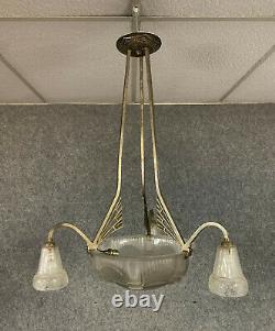 Muller Luneville Brothers Exceptional Chandelier In Iced Glass And Pressed Around 1925