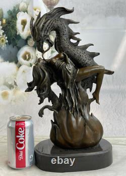 Mythical Art Deco Fantasy Nymph and Dragon Bronze Sculpture Marble Base Figure