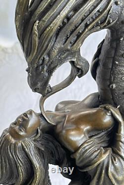 Mythical Art Deco Fantasy Nymph and Dragon Bronze Sculpture Marble Base Figure