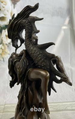 Mythical Art Deco Fantasy Nymph and Dragon Bronze Sculpture Marble Base Figure
