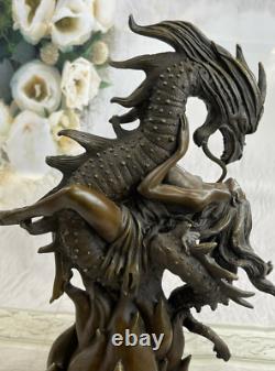 Mythical Art Deco Fantasy Nymph and Dragon Bronze Sculpture Marble Base Figure
