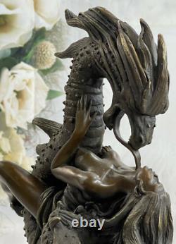 Mythical Art Deco Fantasy Nymph and Dragon Bronze Sculpture Marble Base Figure