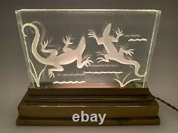 Night Lamp Salamanders 1930 Art Deco Glass Plate Poli Bronze Base H3681