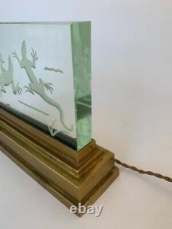 Night Lamp Salamanders 1930 Art Deco Glass Plate Poli Bronze Base H3681