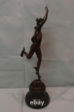 Nude Mercury Statue Sculpture in Art Deco Style Solid Bronze Signed