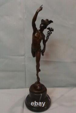 Nude Mercury Statue Sculpture in Art Deco Style Solid Bronze Signed