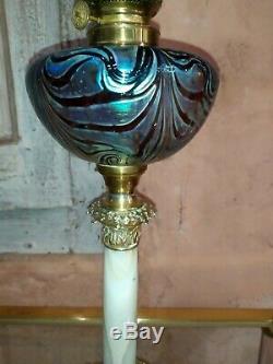 Oil Lamp Loetz Bronze Marble Art Deco Glass Oil Lamp 71cm Iridescent