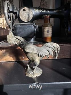 Old Brass Rooster Sculpture Animal Art Deco Beautiful Patina