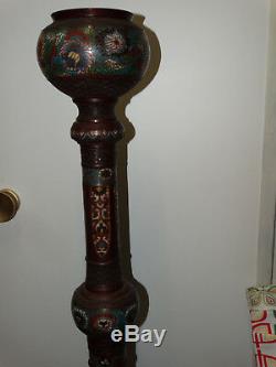 Old Bronze Lamp Stand With Cloisonné Enamels Origin Japan (c4)