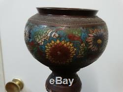 Old Bronze Lamp Stand With Cloisonné Enamels Origin Japan (c4)