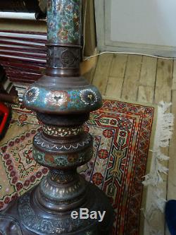 Old Bronze Lamp Stand With Cloisonné Enamels Origin Japan (c4)