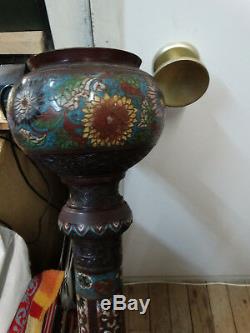 Old Bronze Lamp Stand With Cloisonné Enamels Origin Japan (c4)