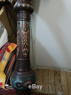 Old Bronze Lamp Stand With Cloisonné Enamels Origin Japan (c4)