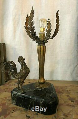 Old Lamp In Bronze And Marble With A Rooster, Lamp With A Cock