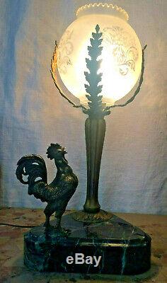 Old Lamp In Bronze And Marble With A Rooster, Lamp With A Cock