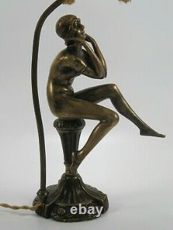 Old Lounge Lamp Art Deco Solid Bronze Patinated Naked Woman Sitting Column