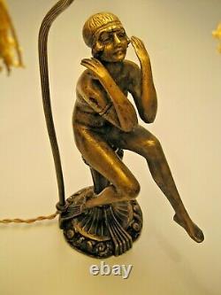 Old Lounge Lamp Art Deco Solid Bronze Patinated Naked Woman Sitting Column