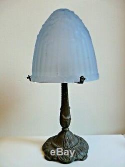 Old Mushroom Lamp Art Deco Glass Dome Foot Bronze Blue Mold Press