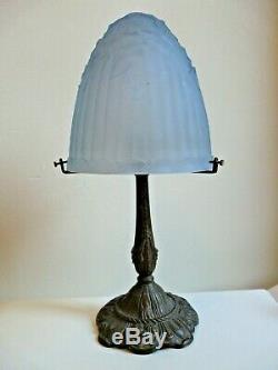 Old Mushroom Lamp Art Deco Glass Dome Foot Bronze Blue Mold Press