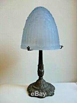 Old Mushroom Lamp Art Deco Glass Dome Foot Bronze Blue Mold Press