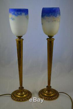 Old Pair Of Lamp In Bronze And Glass Paste Sign Degue Dlg Daum Galle