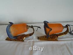 Old Wall Of Pair Art Deco Bronze With Tulip Glass Paste Signed