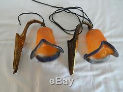 Old Wall Of Pair Art Deco Bronze With Tulip Glass Paste Signed