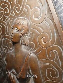 Old bronze plaque sculpture art deco 1930 erotic female painter 47cm