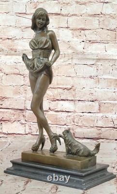 Original Bronze Statue Vitaleh of Erotic Art Deco Sexy Girl with Cat