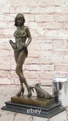 Original Bronze Statue Vitaleh of Erotic Art Deco Sexy Girl with Cat
