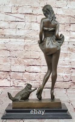 Original Bronze Statue Vitaleh of Erotic Art Deco Sexy Girl with Cat