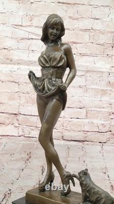 Original Bronze Statue Vitaleh of Erotic Art Deco Sexy Girl with Cat