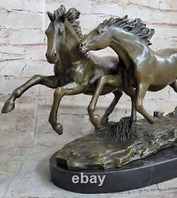 'Original Signed Art Deco Two Wild Stallion Bronze Trophy Figurine'