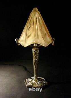 P. Maynadier And Muller Lamp Art Deco Bronze Nickeled - Pressed Glass Shell 1930