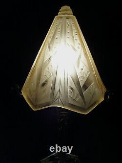 P. Maynadier And Muller Lamp Art Deco Bronze Nickeled - Pressed Glass Shell 1930