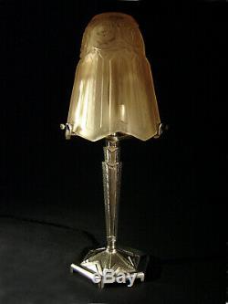 P. Maynadier Lamp Art Deco Bronze And Nickel Obus Pressed Glass 1930