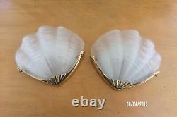 Pair Applique Antique Shell Art Deco Style 1970 Glass And Vintage Bronze